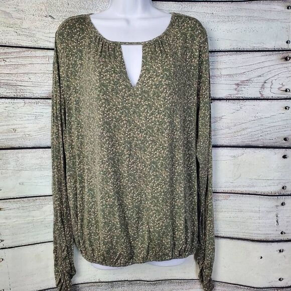 Daytrip XL Green Floral Long Sleeve Blouse Keyhole Neck Stretch Hem - Picture 3 of 7